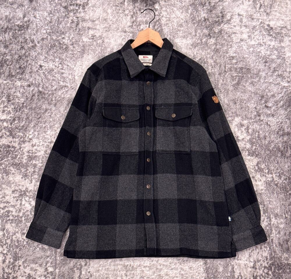 Fjallraven Canada Over Shirt Large Mens Gray Buffalo Check Wool Flannel Snap